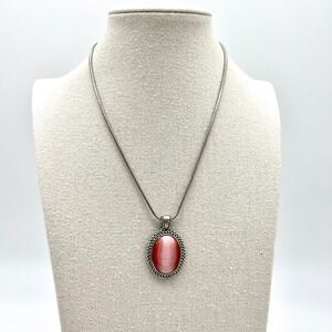 Pink Cat‎ Eye Pendant Necklace Silver Tone Beaded Edge Adjustable Chain
